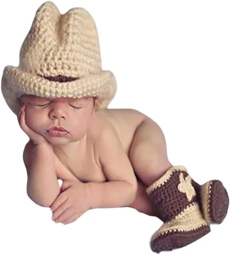 Ropa de ganchillo para niños y niñas recién nacidos, sombrero de vaquero con zapatos, accesorios de fotografía, disfraz