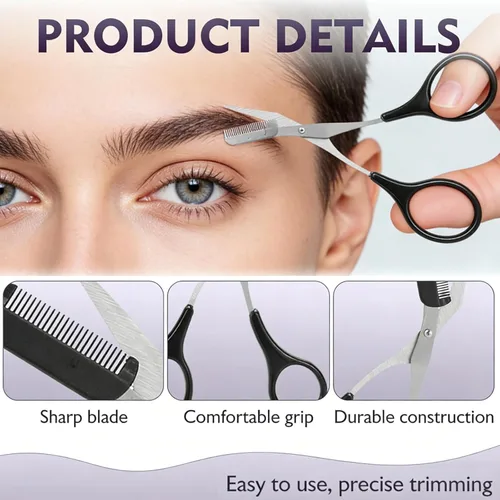 Miniatura 6 de Tijeras de corte de cejas con peine, tijeras de cejas 2 en 1 para mujeres, cortador de cejas de precisión de acero inoxidable, herramienta de Negro