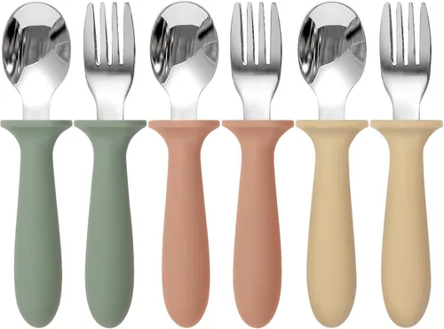 Miniatura 10 de Eascrozn - Juego de utencilios para niños pequeños, paquete de 6, cubiertos para niños con mango de silicona, tenedores y cucharas de acero