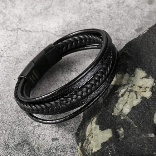 Miniatura 3 de murtoo Pulsera de cuero para hombre con cierre de cuero de vaca multicapa trenzada para hombre