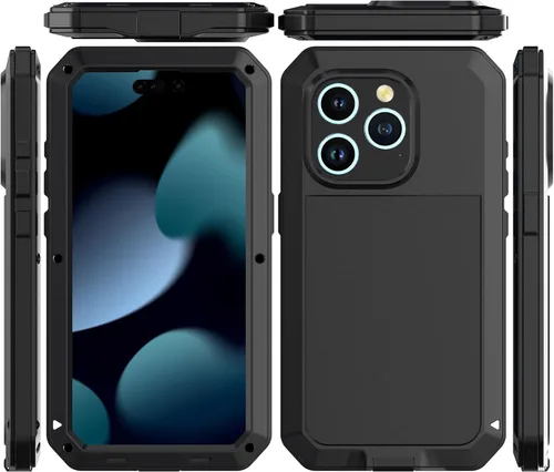 Miniatura 8 de Compatible con iPhone 15 Pro Max, funda protectora de cuerpo completo 360, resistente a los golpes, funda de metal de aleación de aluminio con Negro