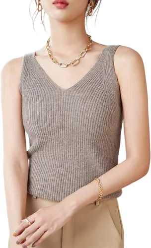 LINY XIN Chaleco de punto 100 % lana merino para mujer, con cuello en V, sin mangas, liso, clásico