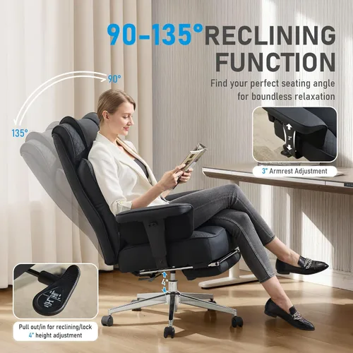 Miniatura 5 de Silla de oficina grande y alta, silla reclinable ergonómica de cuero con reposapiés, cómodas sillas de escritorio ejecutivas para computadora