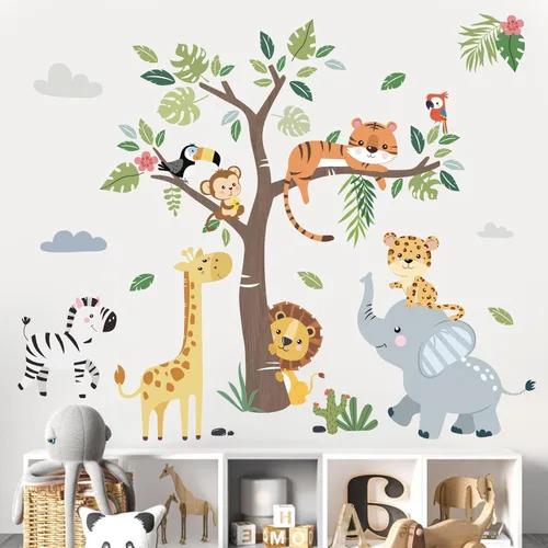 Miniatura 10 de decalmile Calcomanías de pared de rama de árbol de animales de selva, safari animal, mono, koala, calcomanías de pared para bebé, guardería