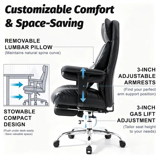 Miniatura 7 de Efomao Silla de oficina grande y alta de 400 libras, silla de escritorio reclinable resistente con reposapiés, silla ejecutiva de piel sintética