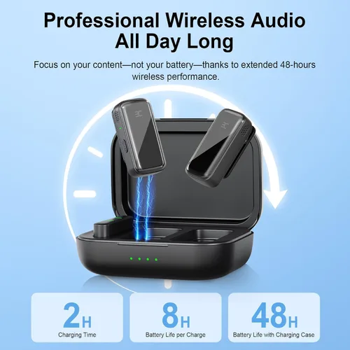 Miniatura 3 de EX Sistema de micrófono inalámbrico Lavalier, micrófonos de doble clip + funda de carga, rango de 164 pies Plug-and-Play para iPhone/Android