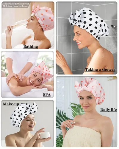 Miniatura 6 de 2 piezas de gorras de ducha para mujer, gorras de ducha reutilizables impermeables para el cabello con moño ajustable, lujosa gorra de baño