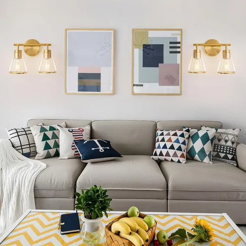 Miniatura 6 de Accesorios de iluminación de baño sobre espejo Luces de tocador doradas de 2 luces con pantalla de vidrio transparente de 14 pulgadas Luces
