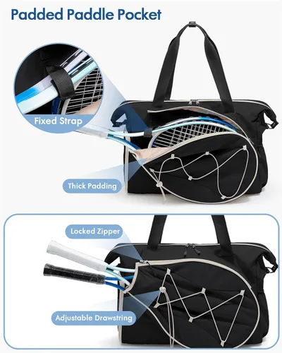 Miniatura 3 de Smasrob Bolsa de viaje de tenis para mujer con bolsillo exterior para raqueta con cordón y compartimento separado para zapatos, bolsas de fin