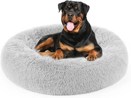 Miniatura 14 de Cama para perros, cama calmante para gatos, cama de felpa de piel sintética con forma de rosquilla para mascotas, cama redonda para perros y gatos