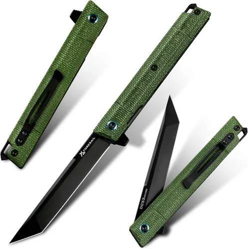Cuchillo plegable de bolsillo Flipper, hoja de acero DC53 y mango G10. Con clip de bolsillo y rompevidrios, cuchillo de bolsillo para hombres, Verde