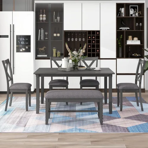 Miniatura 18 de Juego de mesa de comedor compacto de 6 piezas, juego de mesa de comedor de cocina de madera maciza con 4 sillas ergonómicas acolchadas y banco, mesa