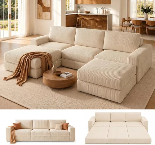 Miniatura 24 de Sofá seccional modular, 120.47" Sofá seccional moderno en forma de nube con chaise en L, cómodo sofá mullido de corduroy con asiento profundo, sofás
