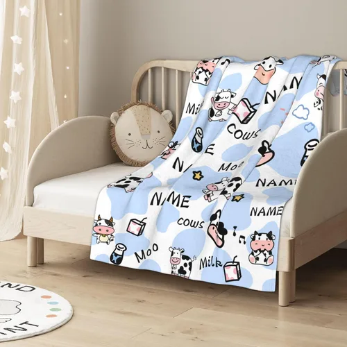 Miniatura 6 de Manta personalizada con estampado de vaca con nombre, texto personalizado, manta de vaca suave, cálida y acogedora manta de franela con estampado