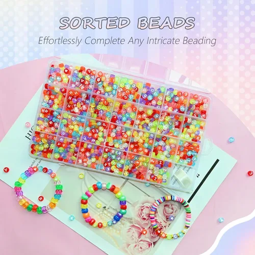 Miniatura 7 de Looconi 1400 piezas Cuentas de letras 7x4mm transparentes y coloridas para hacer joyas, pulseras, trenzas de cabello, manualidades