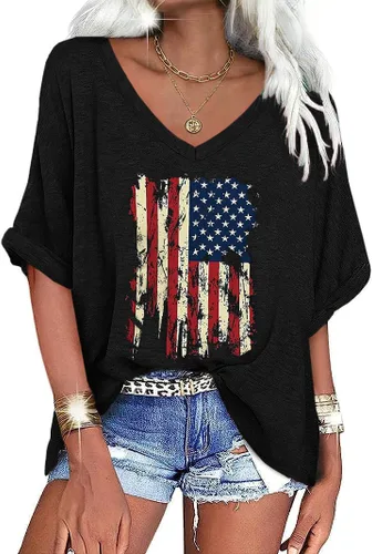 Miniatura 12 de UNCLECAT Camisetas de gran tamaño con cuello en V para mujer, camisas de manga corta de verano, holgadas, casuales