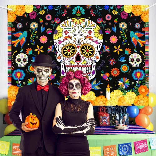 Miniatura 2 de MEHOFOND Telón de fondo del Día de los Muertos de 7 x 5 pies, diseño de calavera de azúcar Dia De Los Muertos, fondo de fotografía, Fieasta