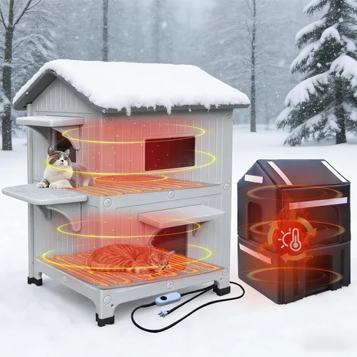 Miniatura 13 de Casa para gatos al aire libre, resistente a la intemperie, casas de plástico para gatos con puerta de escape, 2 pisos para interiores, impermeable