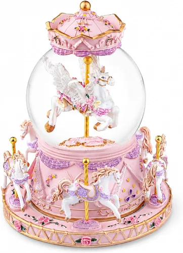 Miniatura 7 de Globo mágico de nieve de unicornio con música "Somewhere Over the Rainbow", caja de música de carrusel giratorio, luces LED y nieve con purpurina
