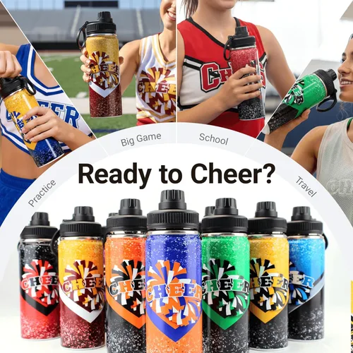 Miniatura 6 de Botella de agua Cheer de 18 onzas para niñas, botella deportiva de acero inoxidable aislada con asa, regalo de animadora a granel para regalos
