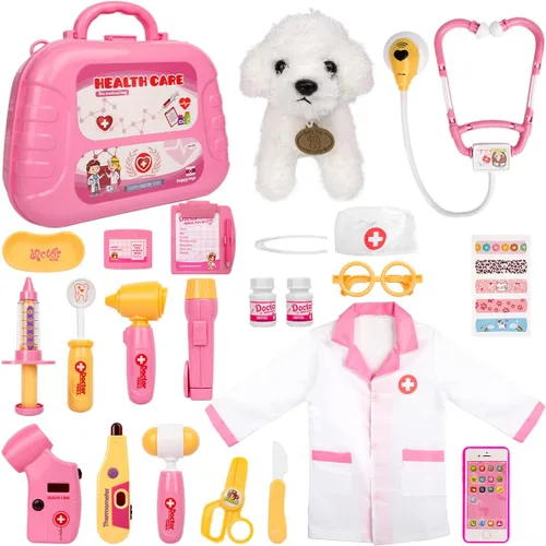 Meland Kit de médico de juguete para niñas, juego de doctor con funda de transporte, juguete de estetoscopio y disfraz de disfraz, juego de doctor