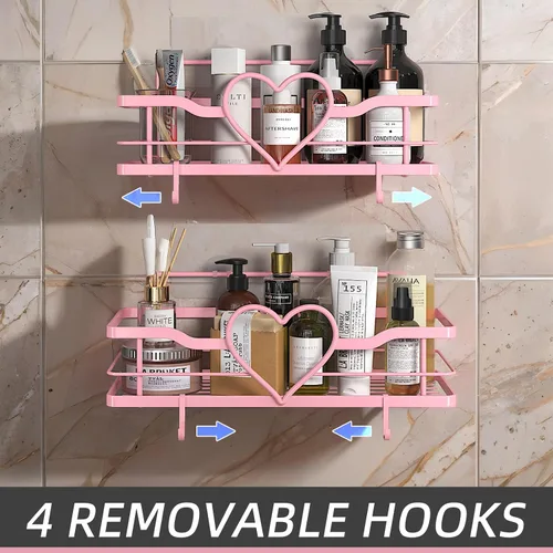 Miniatura 4 de Organizador de ducha rosa con 4 ganchos extraíbles, 2 paquetes de estantes de ducha Sweet Heart, estante organizador adhesivo sin perforaciones