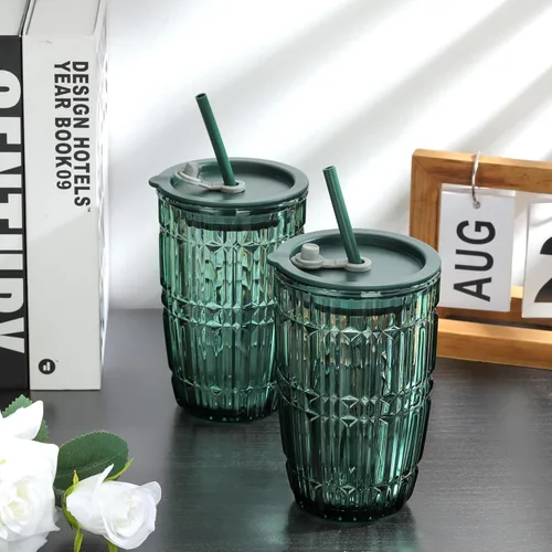 Miniatura 2 de Joeyan Vaso verde de 14.5 onzas con tapa y pajita, tazas de vidrio para café helado a rayas, tarro de té de batido de color, bebidas portátiles