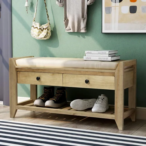 Miniatura 14 de Knocbel Banco de almacenamiento de entrada para zapatos con asiento acolchado, 2 cajones y estante de rejillas, sala de estar, entrada, pasillo