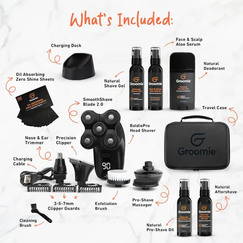 Miniatura 3 de Groomie BaldiePro - Afeitadora eléctrica de cabeza para hombres calvos, incluye funda de viaje, base de carga y kit de accesorios, desodorante