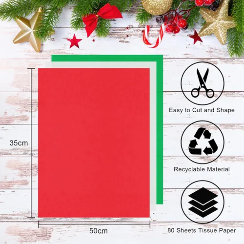 Miniatura 3 de Surtido de papel de seda rojo, verde y blanco, 80 hojas de papel de seda para envolver Navidad, 14 x 20 pulgadas, envoltura de bolsas de regalo