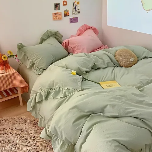 Miniatura 2 de INDACORIFY 3 Pcs Set Ruffled Cotton Duvet Cover Sage Green 100% Cotton Bedding Set Ruffle Queen Bedding Cover King Bedding Set Comforter Cover Donna