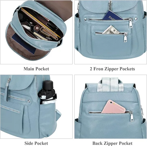 Miniatura 6 de ALTOSY Mochila de cuero para mujer, bolso casual de moda con múltiples bolsillos y solapa