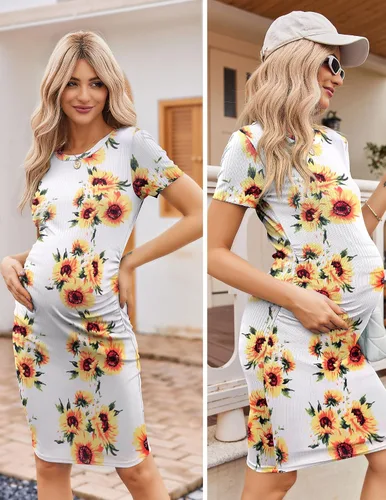 Miniatura 2 de Ekouaer Vestido de maternidad para mujer, fruncido, acanalado, entallado, vestido de verano casual, vestido de embarazo S-XXL