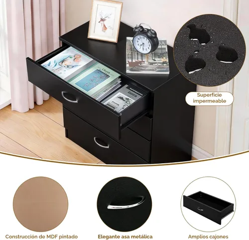 Miniatura 5 de Karl home Cómoda negra de 4 cajones para dormitorio, cómoda moderna de almacenamiento con cajones, mesa auxiliar de madera, mesa de noche, sala