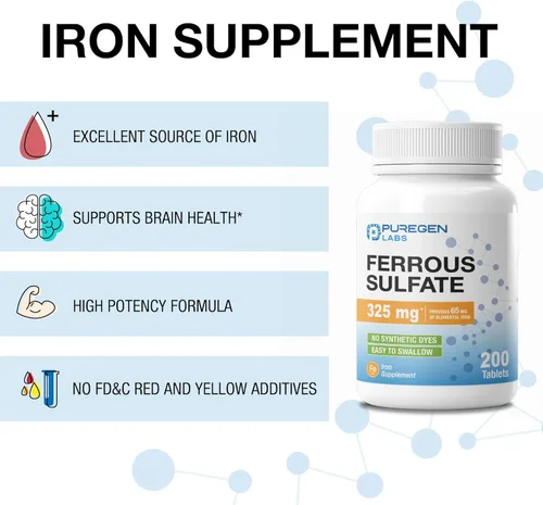 Miniatura 4 de Puregen Labs - Suplemento de hierro de alta potencia con sulfato ferroso de 325 mg (65 mg de hierro elemental), sin aditivos de color artificial