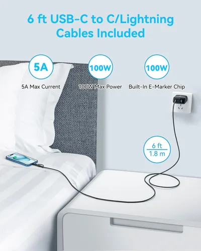 Miniatura 3 de MINLU GaN - Bloque de cargador USB C de 65 W, cargador de pared compacto de 3 puertos tipo C con cable USB-C/L 2 en 1 de 6 pies, 100 W, carga rápida