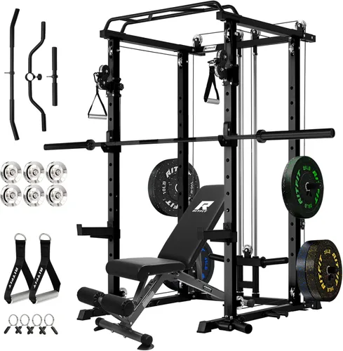 Miniatura 16 de RitFit El paquete multifunción de garaje y gimnasio en casa incluye jaula de potencia de 1200 libras PPC03/P3 con sistema de cruce de cables, banco