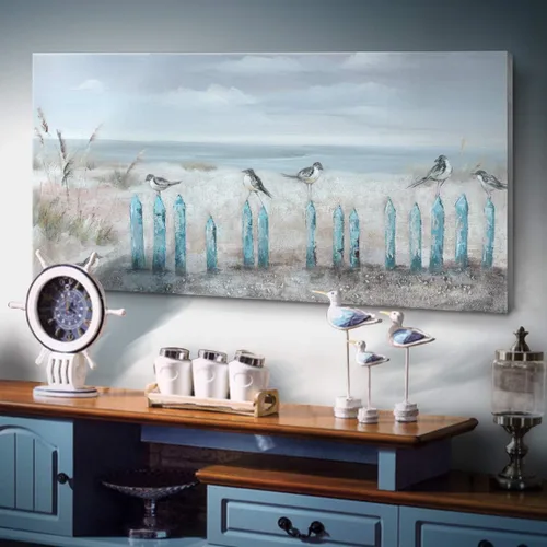Miniatura 15 de AMATOP Arte de pared turquesa 100% pintado a mano, pintura al óleo de paisaje forestal en lienzo, obra de arte enmarcada original, pájaro dorado