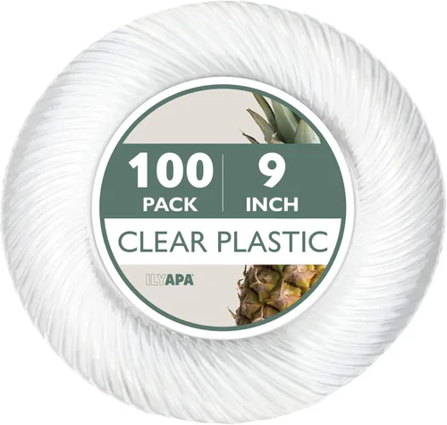 Ilyapa Paquete de 100 platos de postre desechables de 9 pulgadas, juegos de fiesta de plástico transparente para 100 invitados, platos transparentes