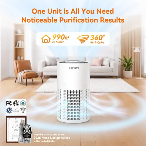 Miniatura 2 de Purificador de aire AIRROMI para dormitorio con filtro HEPA 3-en-1, purificador de aire para mascotas para el olor a orina de gato en el hogar