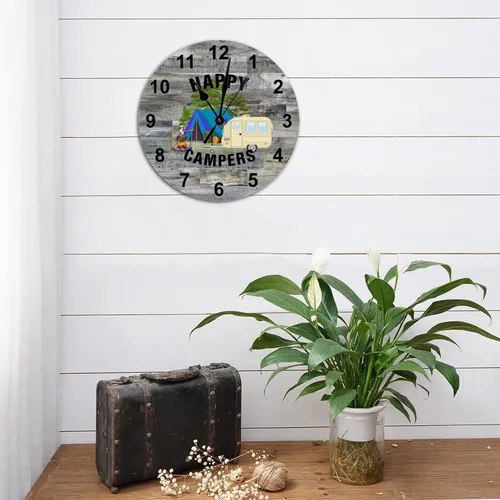 Miniatura 4 de Reloj redondo de madera de estilo rústico de 12 x 12 pulgadas, con números arábigos, silencioso, sin tictac, funciona con pilas, tema de campamento