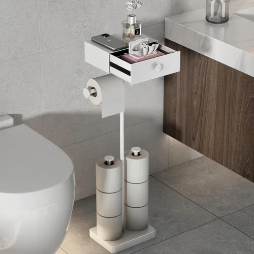 Miniatura 9 de VOLDRA Soporte de papel higiénico con estante dispensador de toallitas grises para baño, soporte de papel higiénico con diseño de cajón