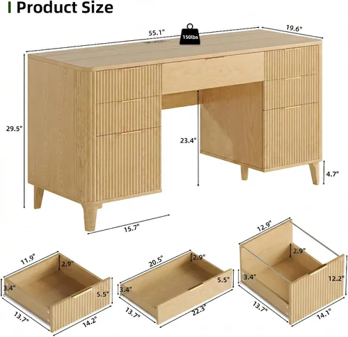 Miniatura 2 de Escritorio de madera con cajones, escritorio ejecutivo acanalado de 55 pulgadas con armario de almacenamiento, escritorio de madera para oficina