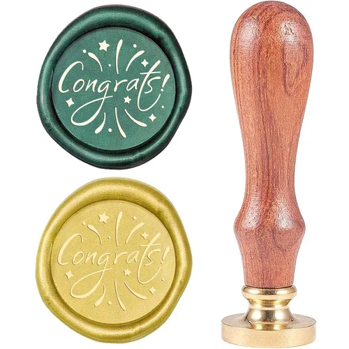CRASPIRE Sello de cera con diseño de felicitaciones con palabras, cabeza de latón vintage, mango de madera, sello de cera extraíble de 0.98 pulgadas