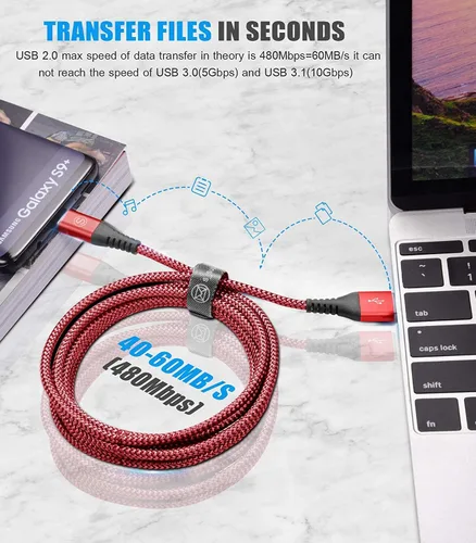 Miniatura 5 de sweguard Cable USB tipo C de 3.1A de carga rápida [2 unidades, 6.6 pies + 6.6 pies], cargador USB-A a USB-C, cable trenzado de nailon para Samsung