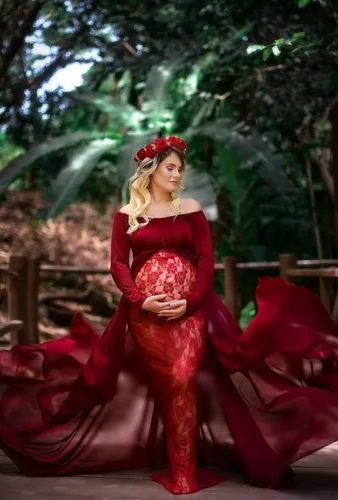 Miniatura 6 de ZIUMUDY Vestido de maternidad para sesión de fotos de manga larga con hombros descubiertos vestido de encaje ajustado con capa larga de gasa trian