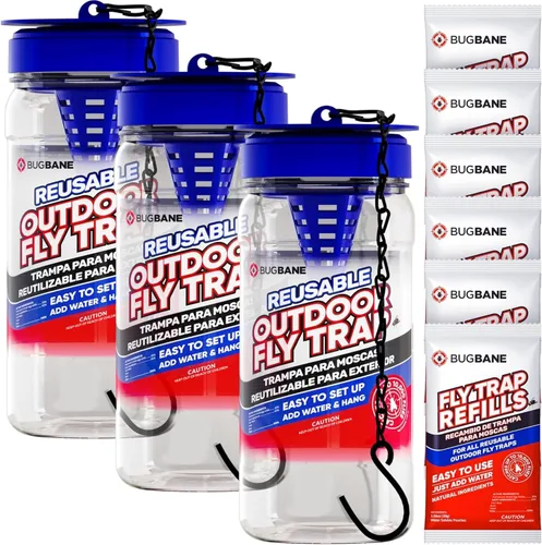 Miniatura 9 de Trampa para moscas para exteriores para patio con 2 recambios de cebo solubles no tóxicos. Reutilizable para colgar insectos para todas las moscas