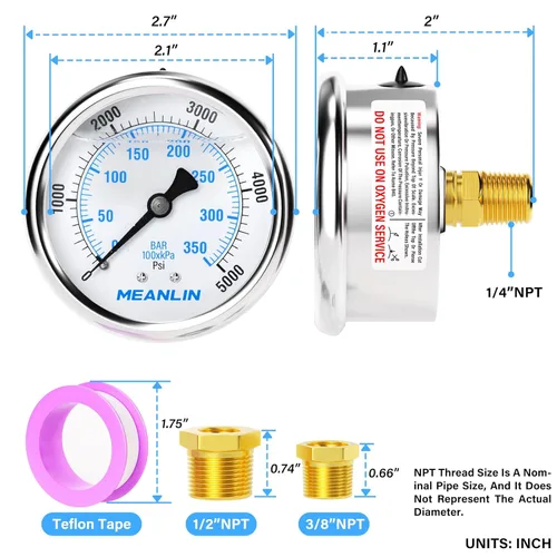 Miniatura 2 de MEANLIN MEASURE Manómetro de presión de acero inoxidable relleno de líquido de 0~5000Psi con rosca NPT de 1/4", carátula de 2.5", WOG Agua Aceite