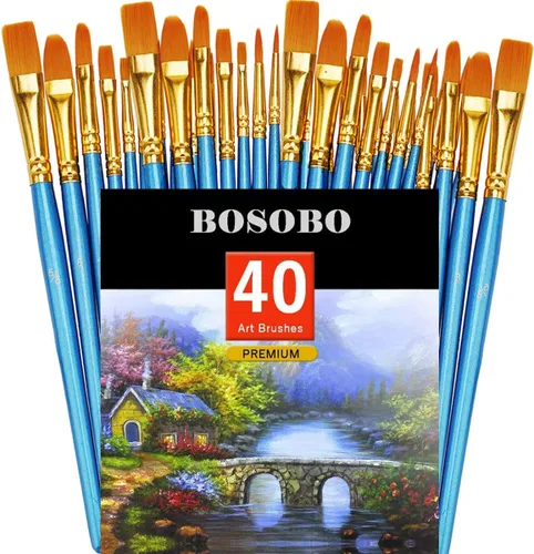 Miniatura 34 de BOSOBO Juego de 6 pinceles de pintura, 60 pinceles de punta redonda puntiaguda, pinceles de nailon para artistas del cabello acrílicos para aceite