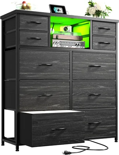 Romorgniz - Cómoda para dormitorio con 10 cajones con luz LED y toma de corriente, cómodas de tela y cómoda con estantes abiertos para pasillo, sala